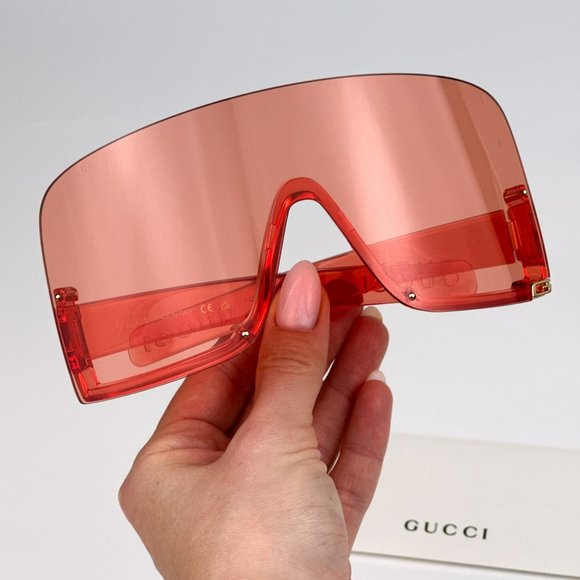 Gucci GG1631S 001 Sunglasses Transparent Red Light Red Shield Unisex GG 1631S - Picture 1 of 11